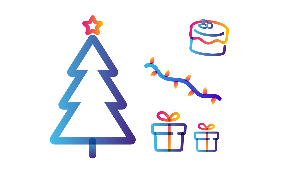 tree, present, xmas cake, and lights icons 